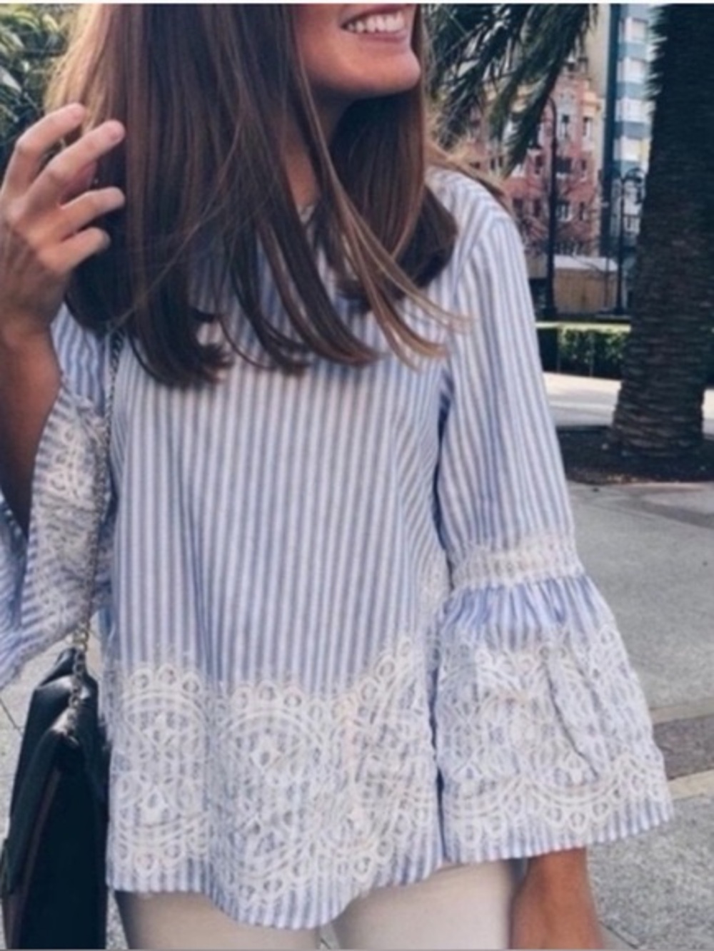 Zara Blue & White Striped Lace-Trim Blouse size small